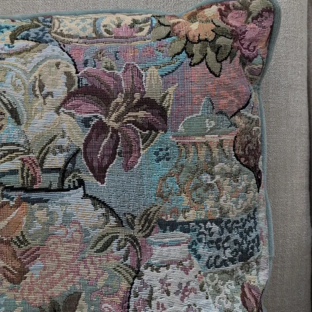 Vintage Ginger Jar Floral Tapestry Accent Pillow Velvet Backing